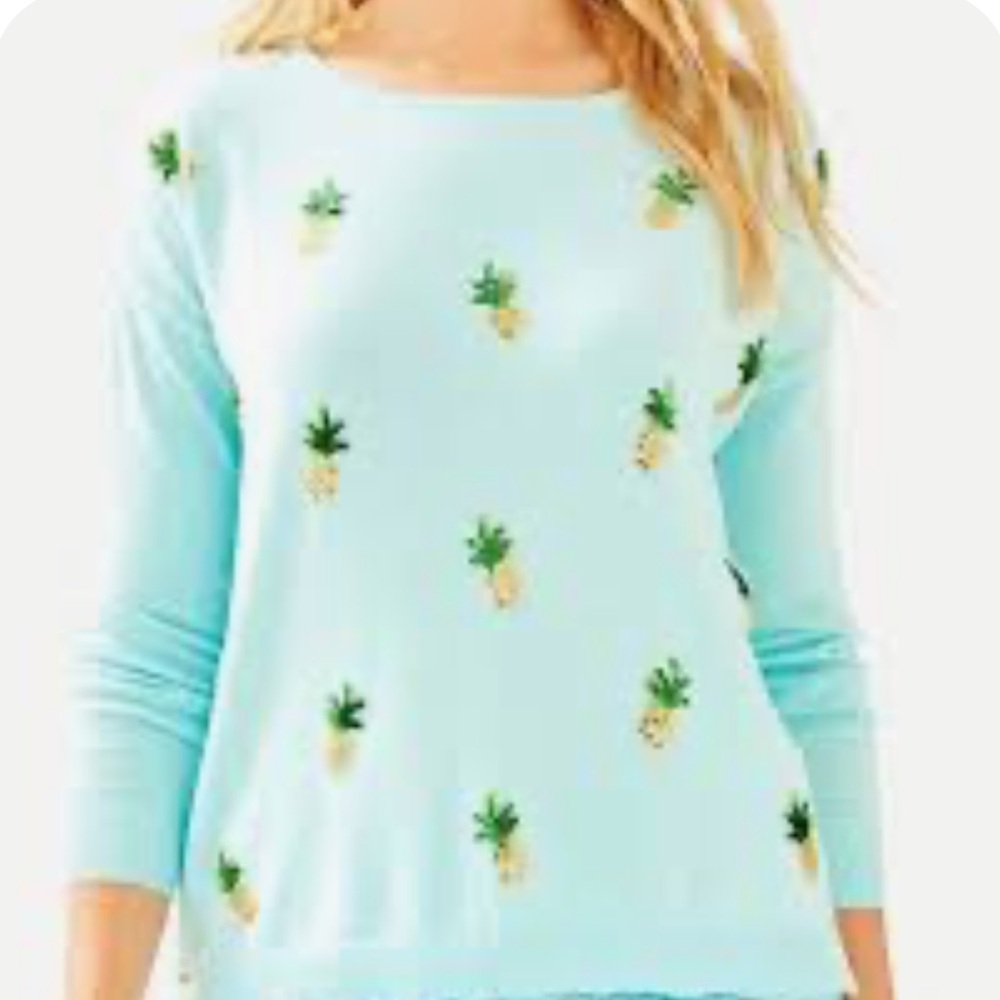 Lilly Pulitzer Caralynn Sweater Blue Tossed Pineapple Embellishment Size XL